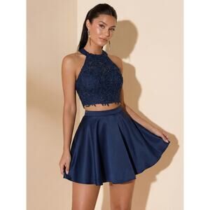 Alyce Paris Designer Blue Lace Rhinestone 2pc A-Line Prom Dress Pockets 4 EUC